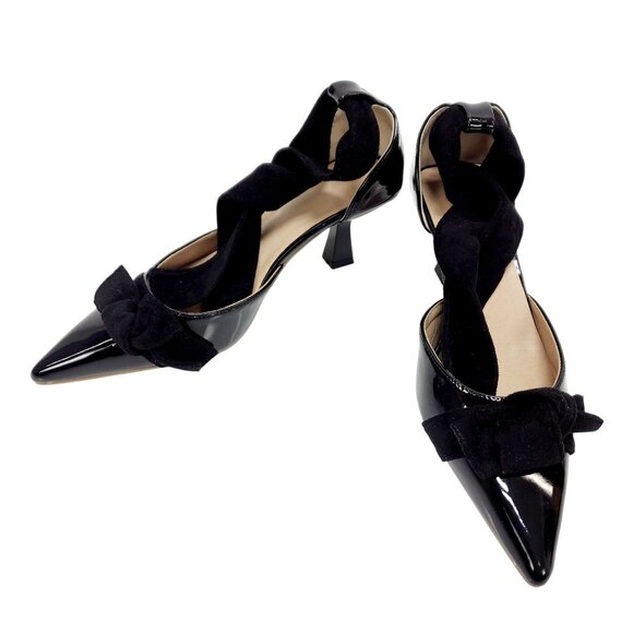 Patent Leather Pointed Toe Pumps With Black Suede Wraparound Ankle Straps Size 8 - Picture 2 of 11